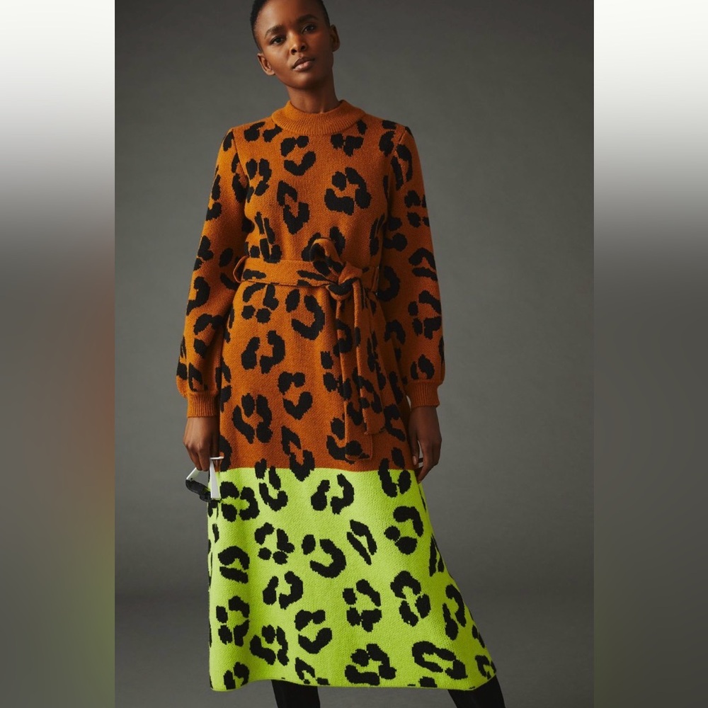 Farm Rio by Anthro Maxi Sweater Dress in Tan and Neon yellow leopard size L - Picture 2 of 8